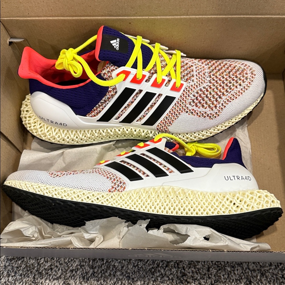 Adidas Ultra 4D White and Neon Sneakers. Size 12.5 men's. New in box.